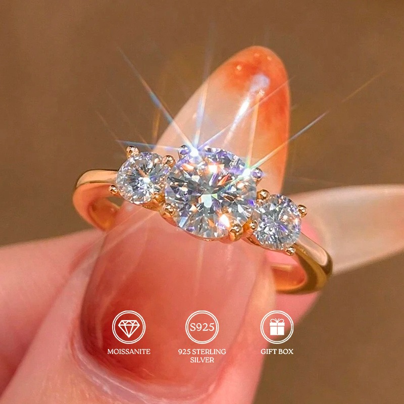 S925 Silver Moissanite 3 Stones Engagement Ring, Promise Eternity